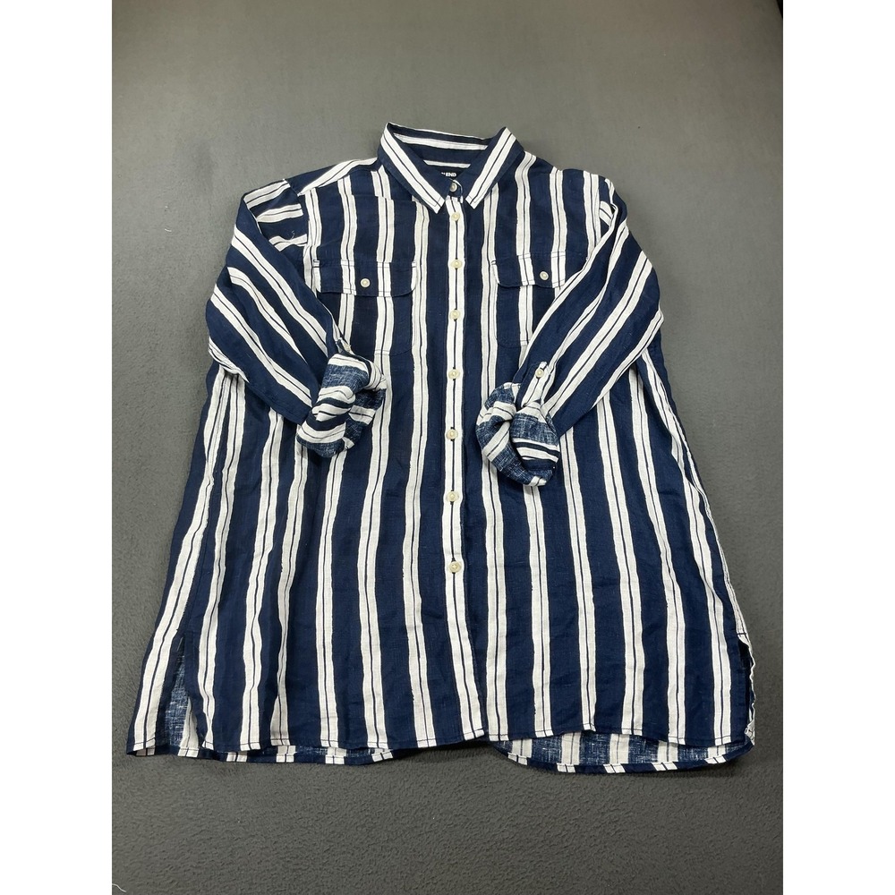 Lands' End Tunic Womens L Blue Striped Linen Button-Up Pocket Lightweight